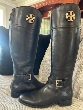 Tory Burch Black Leather Knee-High Boots with Gold Logo Medallions